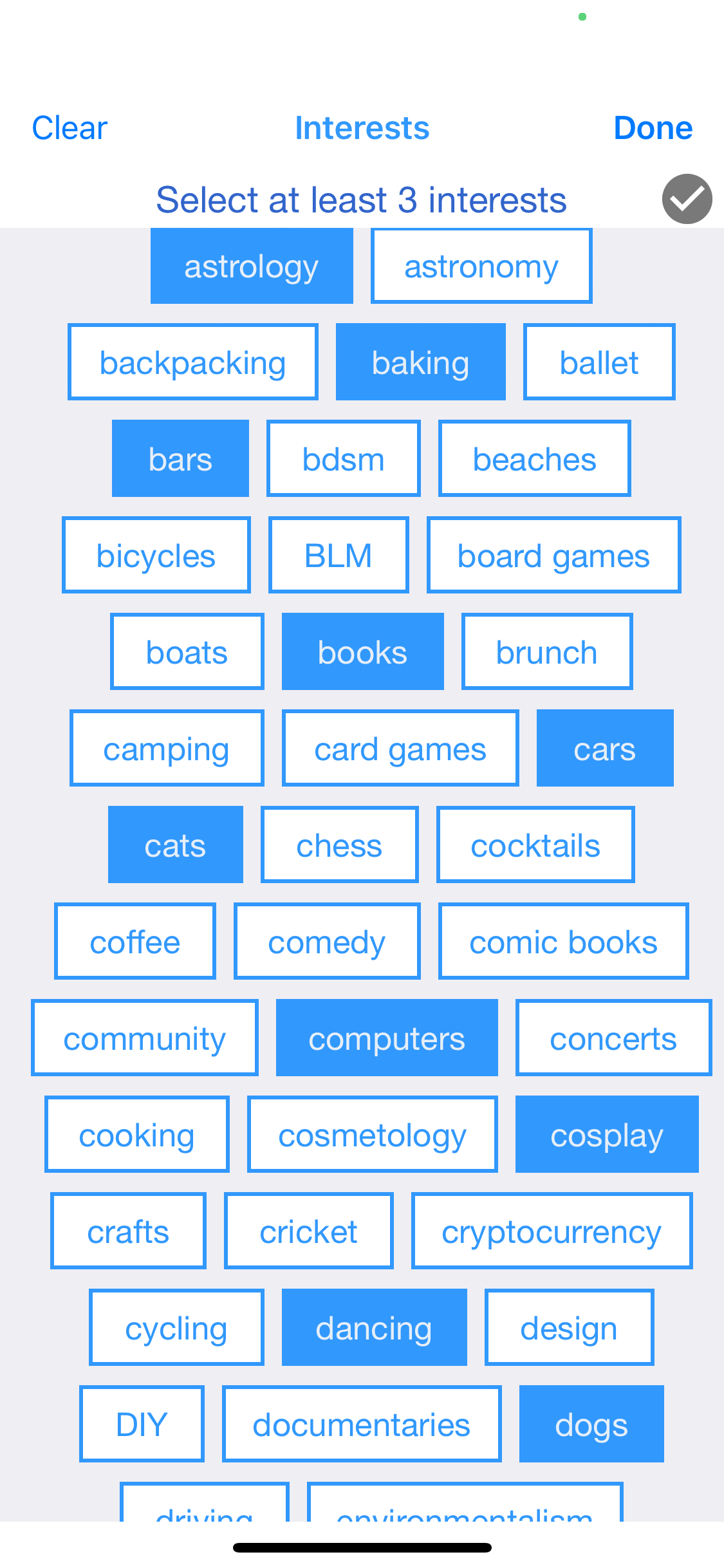 Choosing interests in the app